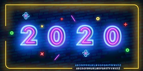 2020 New Year Concept with Colorful Neon Lights. Retro Design Elements for Presentations, Flyers, Leaflets, Posters or Postcards. Vector Illustration