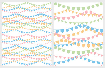 Funny Multicolor Bunting Garlands Vector Pattern. Colorful Paper Garlands Hanging on a White Background. Pink, Blue, Yelllow and Green Paper Decorative Flags Isolated on a White. 
