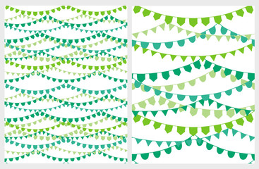 Funny Green Bunting Garlands Vector Pattern. Paper Flags Hanging on a White Background. St Patrick Day Decoration. Green Paper Decorative Flags Isolated on a White. 