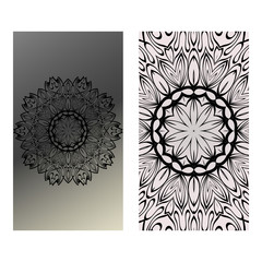 Design Vintage Cards With Floral Mandala Pattern And Ornaments. Vector Template. Islam, Arabic, Indian, Mexican Ottoman Motifs. Hand Drawn Background. Black grey color