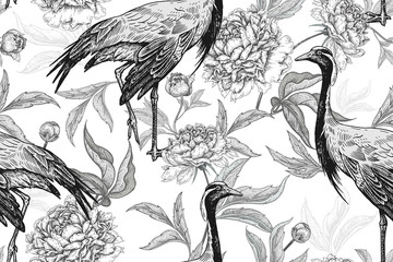 Fototapety  Floral seamless pattern with cranes and flowers peonies. Black and white.