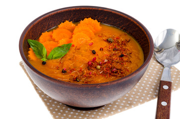 Diet carrot puree soup on white