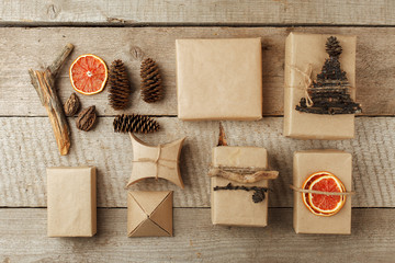 Set of gift box in craft paper with natural decoration, Gift holiday concept. Zero Waste lifestyle