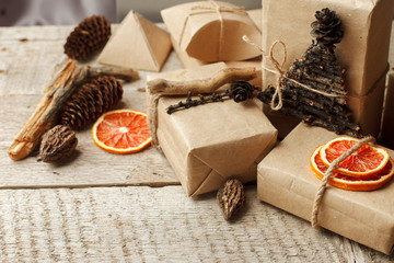 Set of gift box in craft paper with natural decoration, Gift holiday concept. Zero Waste lifestyle