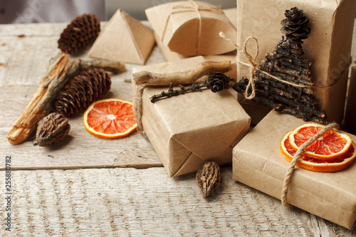 Set of gift box in craft paper with natural decoration, Gift holiday concept. Zero Waste lifestyle