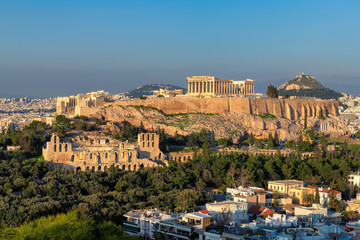 Panoramic view of the Acropolis of Athens, with the Parthenon Temple at sunset, Athens, Greece.