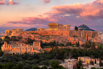 Zonsondergang op de Akropolis van Athene, met de Parthenon-tempel, Athene, Griekenland.