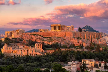 Photo sur Plexiglas Athènes Coucher du soleil à l& 39 Acropole d& 39 Athènes, avec le Temple du Parthénon, Athènes, Grèce.