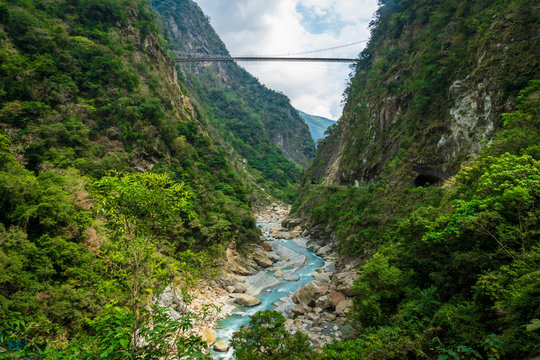 Taroko national park canyon landscape in Hualien, Taiwan. Natural canyon and river view of Swallow Grotto (Yanzikou) hiking trail. 