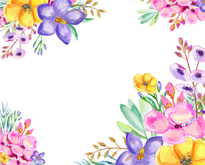 Watercolor Floral Hand Painted, Bouquet of Blue Purple, Yellow and Pink Flowers Arrangement for Vector Romantic Design Ideas