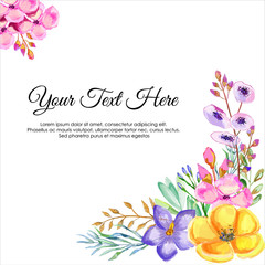 Watercolor Hand Painted Floral, Blue Purple, Yellow and Pink Flowers Arrangement for Square Design Wedding Invitation and Greeting Card