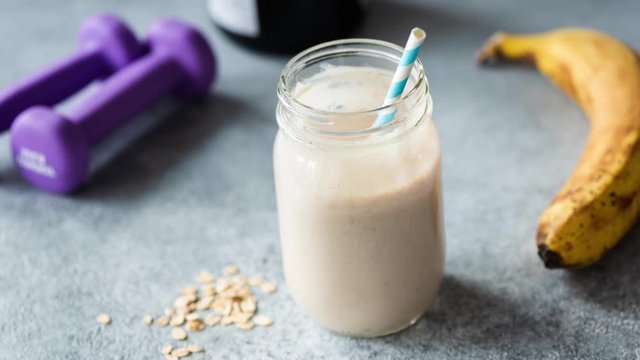 Drinking Protein Milkshake Or Smoothie With Banana, Oats Stop Motion Animation