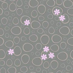 Easter seamless pattern in gray colors with silhouettes of eggs and flowers