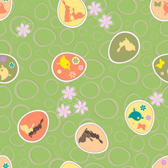 Easter seamless pattern of green color with silhouettes of eggs and flowers