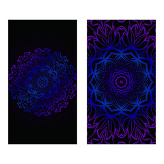 Invitation Or Card Template With Floral Mandala Pattern. The Front And Rear Side. Vector Illustration. Blue color on black background