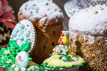 sweet decorations for the day of Holy Easter. decorated Cakes, eggs and animal figures