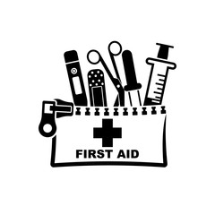 First aid kit black icon, silhouette. Medical equipment and medications. Healthcare concept. Vector illustration flat design. Emergency template banner. Help in colds. Syringe pill pipette and plaster