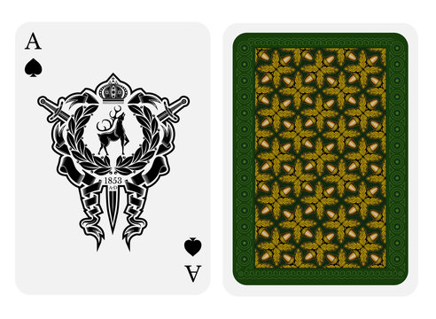 Ace of spades face with deer in center of wreath with crossed swords and back with oak geometrical texture on green suit