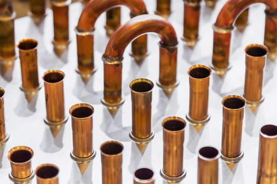 copper pipes of different diameter and sizes and adapters for carrying out plumbing works