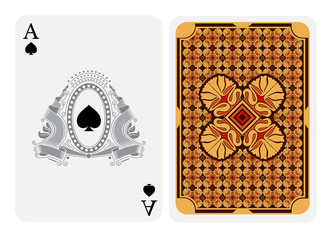 Ace of spades face with spades in center of oval frame with ribbon and line pattern and back with yellow red geometrical texture on suit.
