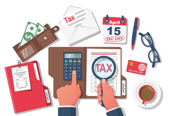 Tax payment. Businessman working at table with documents. Data analysis, paperwork, financial research, report. Calculation tax government, state. Calculation return. Flat design vector illustration.