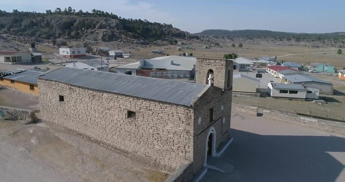 Aerial shot of a small Church in a Raramuti town in El Valle de las Ranas, Copper Canyon Region, Chihuahua.