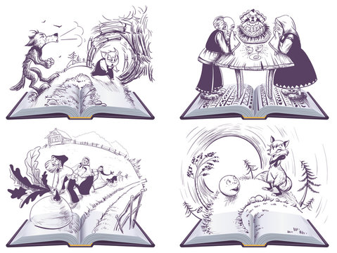 Russian folk tales set open book illustration