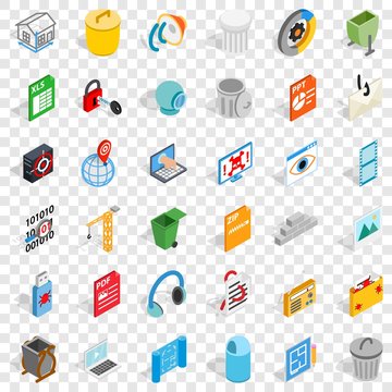 Computer part icons set. Isometric style of 36 computer part vector icons for web for any design