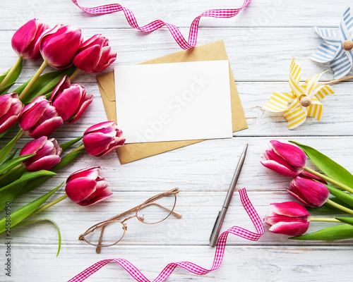 Pink spring tulips and greeting card