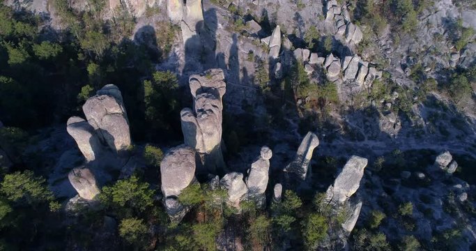 Aerial tilt up shot of rock formations in El Valle de loss Monies, Copper Canyon Region, Chihuahua.