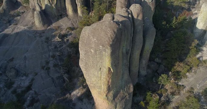 Aerial tilt up shot of a rock formation in El Valle de loss Monies, Copper Canyon Region, Chihuahua.