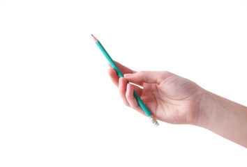 Female hand with pencil isolated on a white background