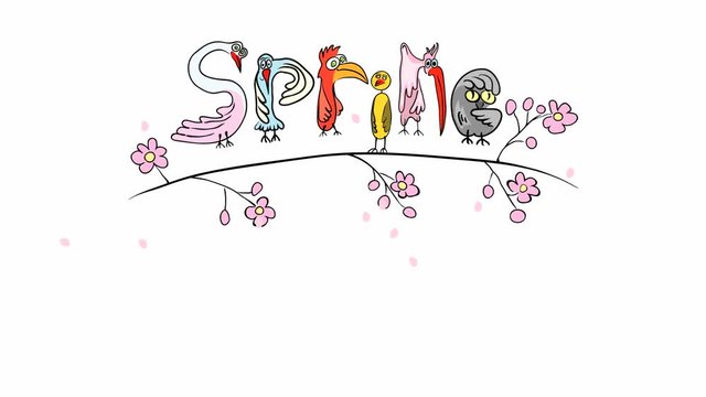 graphic animation exotic birds that bounce on a blossoming cherry branch . spring funny rain of petals