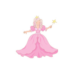 Cute kawaii princess fairy with magic stick and crown icon isolated