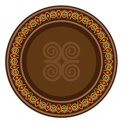 Decorative plate with round ornament in ethnic tribal symbols style. Vector illustration.