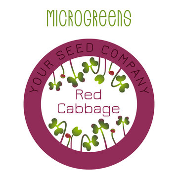 Microgreens Red Cabbage. Seed packaging design, round element