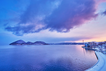 Beautiful landscape sunrise scenics in Lake Toya in Shikotsu Toya National Park , Abuta District, Hokkaido, Japan.