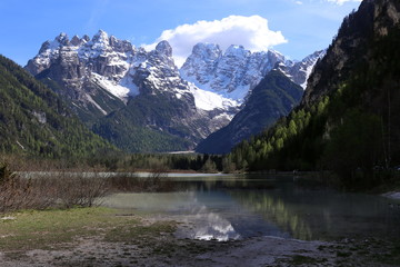 Naklejka na ściany i meble Lake Landro in front of Monte Cristallo, Dolomites, South Tyrol 