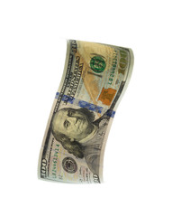  flying banknote of hundred dollars isolated on white.