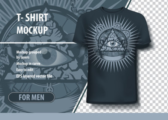 All-seeing eye in the pyramid on the background of hours. T-Shirt template.