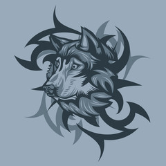 Wolf with Tribal background tattoo style.