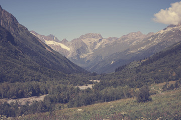 Obraz premium Panorama view of mountains scenes in national park Dombay, Caucasus