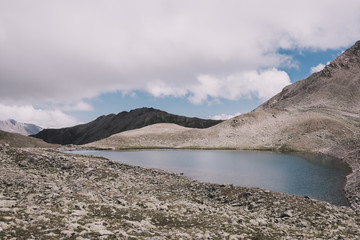 Panorama of lake scenes in mountains, national park Dombay, Caucasus