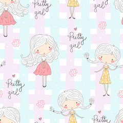 cute little girl vector seamless pattern illustration
