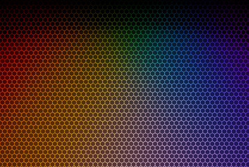 3d rendering. modern Lgbt rainbow color spot ligt shine on hexagon pattern mesh wall background.