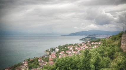 Fototapeta na wymiar Panoramic aerial view to Ohrid lake and city from Konjsko, , North Macedonia