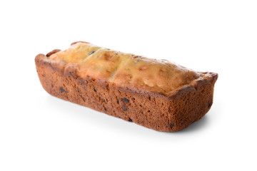 Tasty homemade cake on white background