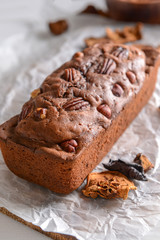Tasty homemade cake on table, closeup