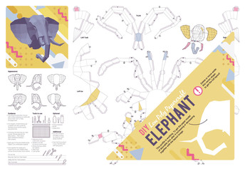 DIY papercraft elephant head. Make your own 3D low poly handicraft, hunting trophy folding kit. Printable paper craft animal model template. Wall-mount interior decoration, hobby idea. Vector layout