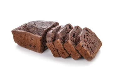 Tasty sliced homemade cake on white background